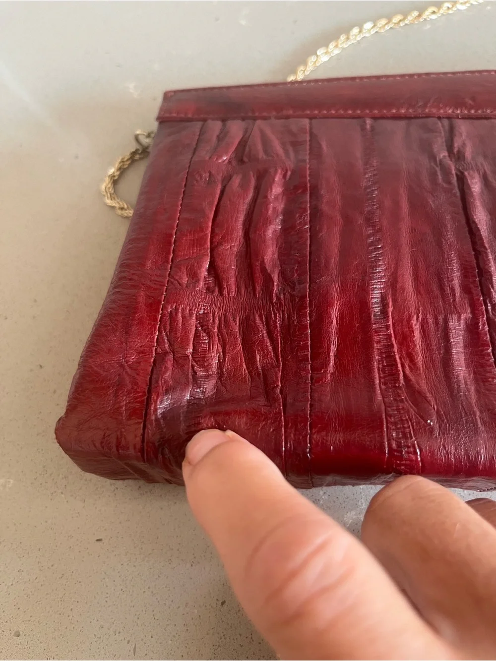 Vintage Genuine Eel Skin Clutch Cocktail Purse Chain Strap Wallet Burgundy Korea